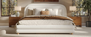 English Elm King Boucle Upholstered Bed Sculptural Arch Frame Solid Wood Legs Plush Headboard N757K371804W