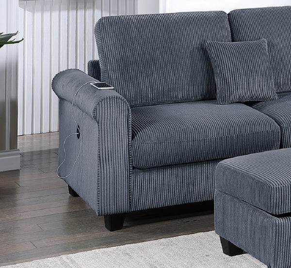 English Elm Contemporary 3pc Sectional Set with USB Charging, Corduroy Upholstery, Storage Ottoman & Pillows Dark Gray 76 L x 35 W x 17 H B011S01241