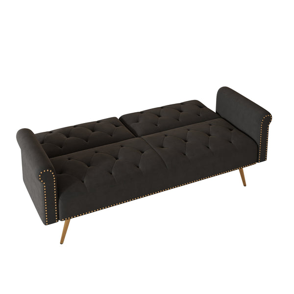 English Elm A Velvet 69.7" Sofa Bed with Gold Legs, Nailhead Trim, 2-Seater Convertible Sofa with Pillow Black W3356P298444