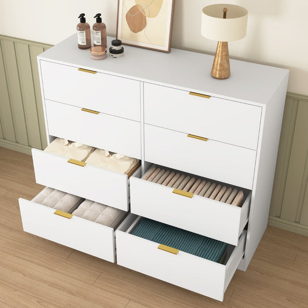 English Elm 8 Drawer Tall Chest Slim Particleboard Build Smooth Gliding Storage for Bedroom Closet White W409S00028