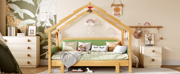 English Elm Twin Pine Treehouse Floor Bed with Padded Rails and Cabin Roofline for Kids Green W1580S00384
