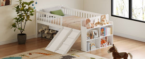 English Elm Twin Platform Kids Bed with Slide Ladder Guardrails Storage Shelf Wood Frame White N733S415411K