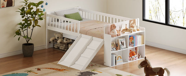 English Elm Twin Platform Kids Bed with Slide Ladder Guardrails Storage Shelf Wood Frame White N733S415411K