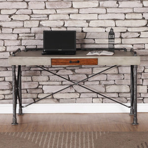 English Elm Steampunk Industrial Writing Desk with Faux Concrete Top and Iron Pipe Open Base B108P481215