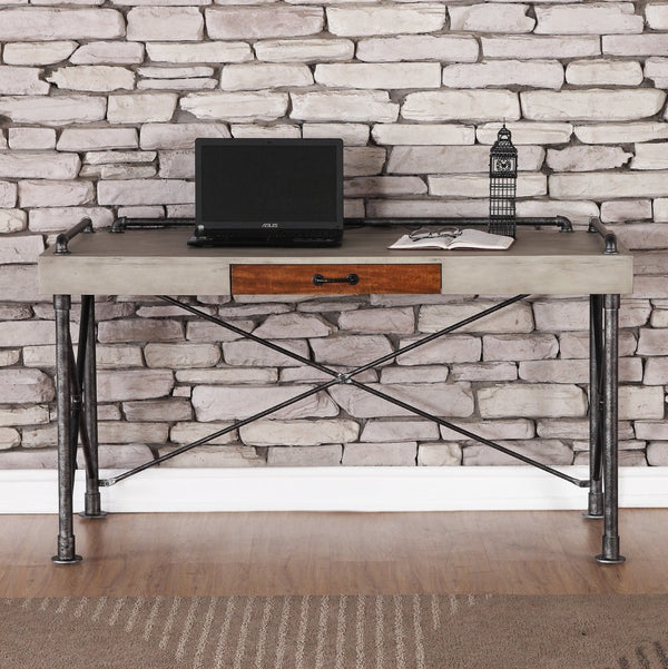 English Elm Steampunk Industrial Writing Desk with Faux Concrete Top and Iron Pipe Open Base B108P481215