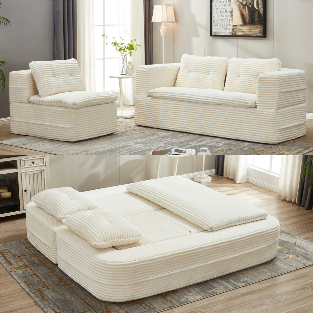 English Elm Multi Functional Sectional Sofa Bed Plush Corduroy Convertible 80" King Sleeper with Chaise, Deep Fluff Beige W3219P339464