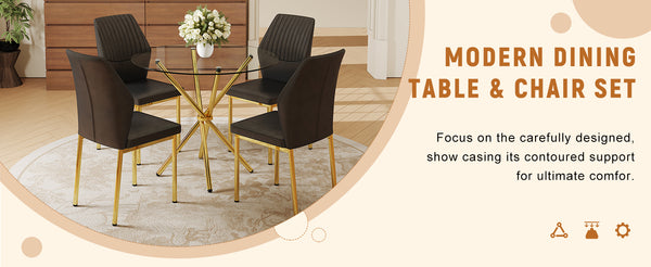 English Elm 4-Piece Dining Set: Modern Luxe Round Glass Table & Stylish Black-Gold Chairs For Chic Spaces W1151S03684