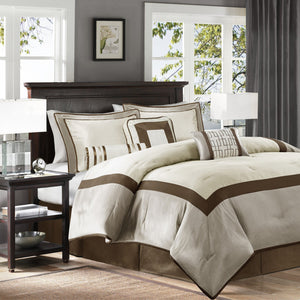 English Elm 7 Piece Comforter Set - Elegant Taupe And Brown California King Ensemble With Decorative Pillows B03597134
