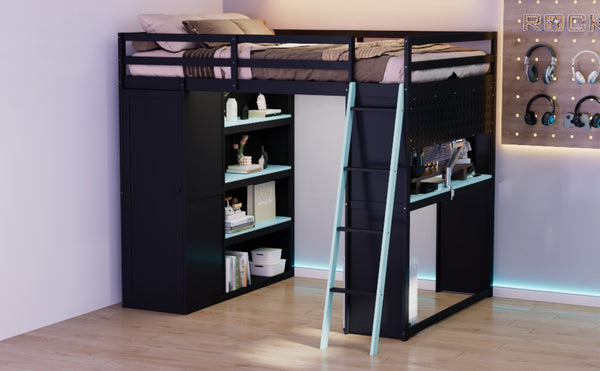 English Elm Full Size Wood Loft Bed with Wardrobe Desk Shelves Rgb Lighting and Blackout Curtains Black+Blue LT000269AAC-1