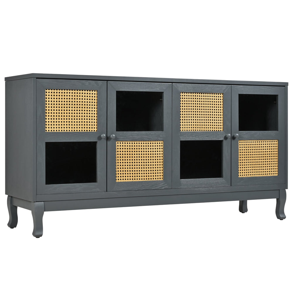 English Elm Retro 4-Door Sideboard with Spacious Adjustable Shelves, Solid Wood Legs, Spray-Painted MDF Finish Antique Dark Grey,Rattan W2696P256247