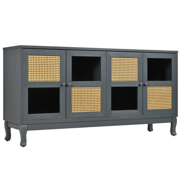 English Elm Retro 4-Door Sideboard with Spacious Adjustable Shelves, Solid Wood Legs, Spray-Painted MDF Finish Antique Dark Grey,Rattan W2696P256247