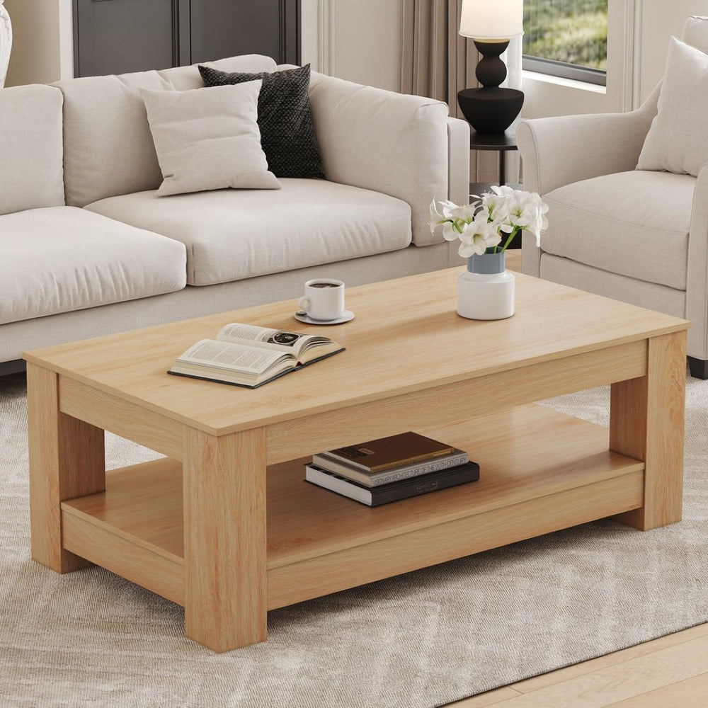 English Elm A Modern Two-tier Mdf Coffee Table with Open Shelf for Living Room Storage W3875P392270