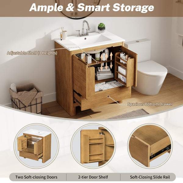 English Elm [video] 30 Inch Freestanding Bathroom Vanity Pine Legs Ceramic Sink Soft Close Storage Natural N759P412928N