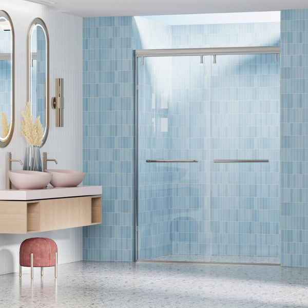 English Elm 44 to 48 Inch Semi Frameless Double Sliding Shower Door with Clear Tempered Safety Glass Brushed Nickel W1920P228060