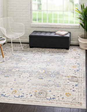 Unique Loom Whitney Bordeaux Machine Made Floral / Botanical Rug Cloud Gray, Blue/Gold/Ivory/Light Blue 7' 10" x 7' 10"