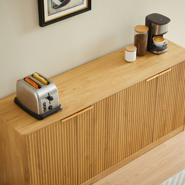 English Elm 59-inch Wavy Curved Sideboard with Four Doors Wood Grain Finish for Living or Dining Room Natural W1162P339086