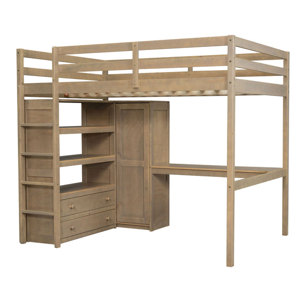 English Elm Wood Full Size Loft Bed with Built-In Desk, Wardrobe, Shelves & Drawers for Space-Saving Rooms Walnut GX000466AAD
