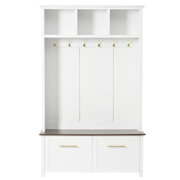 English Elm ON-TREND Rustic 4-in-1 Hall Tree with Bench, 6 Gold Hooks, Shoe Storage, Drawers & Anti-Tip Safety White N721P272898K