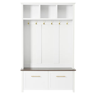 English Elm On-trend Entryway Hall Tree with Gold Hooks Bench Drawers and Shoe Cabinet Storage White N721S000056K-1