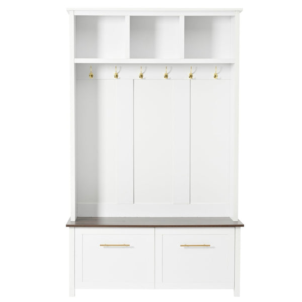 English Elm On-trend Entryway Hall Tree with Gold Hooks Bench Drawers and Shoe Cabinet Storage White N721S000056K-1