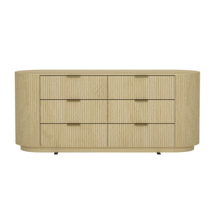 English Elm Olivia 71" Dresser in Natural Oak with Ribbed Texture, 6 Drawers, Metal Glam Handles (Black/Gold) B365S00064
