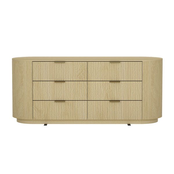 English Elm Olivia 71" Dresser in Natural Oak with Ribbed Texture, 6 Drawers, Metal Glam Handles (Black/Gold) B365S00064