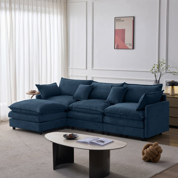 English Elm 105" L-shaped Chenille Sectional with Ottoman Pocket Spring Living Room Sofa Blue W1097S00231