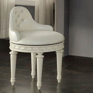 English Elm Ivory Tufted Swivel Vanity Seat Upholstered in Faux Leather with Turned Wood Legs B062P209153