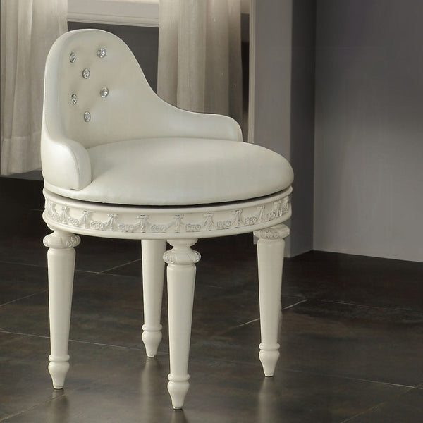 English Elm Ivory Tufted Swivel Vanity Seat Upholstered in Faux Leather with Turned Wood Legs B062P209153