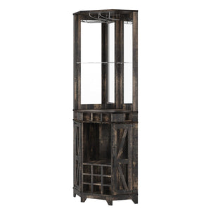 English Elm 67.3" Farmhouse Corner Bar Cabinet Led Lit Wine Storage with Built-in Power Outlets N735P361429D