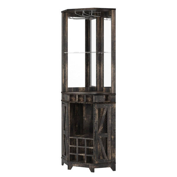 English Elm 67.3" Farmhouse Corner Bar Cabinet Led Lit Wine Storage with Built-in Power Outlets N735P361429D