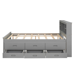 English Elm Full Full Size Platform Bed with Storage Headboard, USB Ports, Twin Trundle & 3 Drawers, Solid Wood Gray GX000720AAE