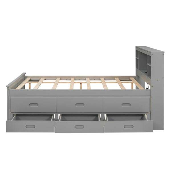 English Elm Full Full Size Platform Bed with Storage Headboard, USB Ports, Twin Trundle & 3 Drawers, Solid Wood Gray GX000720AAE