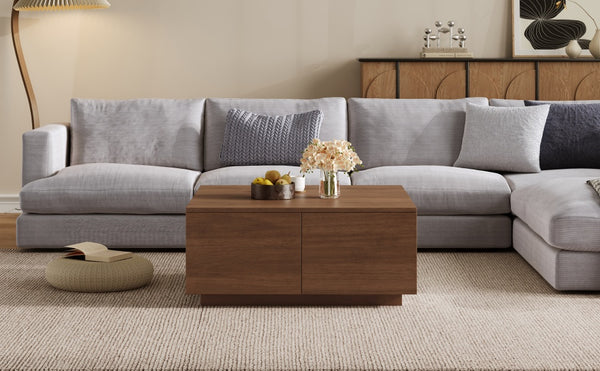 English Elm 33.25" Square Coffee Table with 4 Drawers — Minimalist Modern MDF Design, Space-Saving Durable Centerpiece Walnut N735P277298D