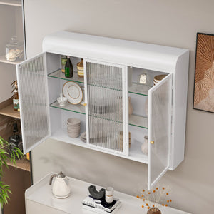 English Elm 3 Door Arched Wall Mounted Glass Cabinet with Wide Top Narrow Bottom Design for Stylish Storage and Display White W757P221502