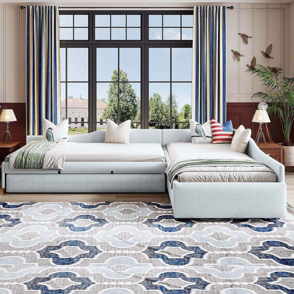 English Elm Upholstered Twin Daybed with Pull Out Trundle Linen Blend Sofa Style Studio Bed GX001316AAA