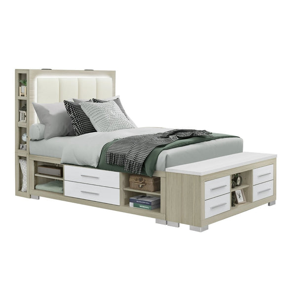 English Elm Messa Full Storage Bed Bookcase Headboard Led Lighting Urban Contemporary Bedroom Natural+White B201S00360