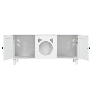 English Elm Modern Wood Cat Cabinet with Sisal Scratcher, Magnetic Litter Box Enclosure with Storage & Hooks, Cream White N843P252373C