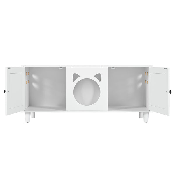 English Elm Modern Wood Cat Cabinet with Sisal Scratcher, Magnetic Litter Box Enclosure with Storage & Hooks, Cream White N843P252373C