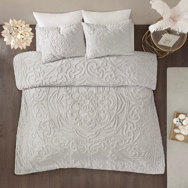 English Elm 3-Piece Tufted Cotton Chenille Medallion Comforter Set Full/Queen Boho Shabby Chic OEKO-TEX Grey 18.9 L x 14.57 W x 13.39 H B03597078