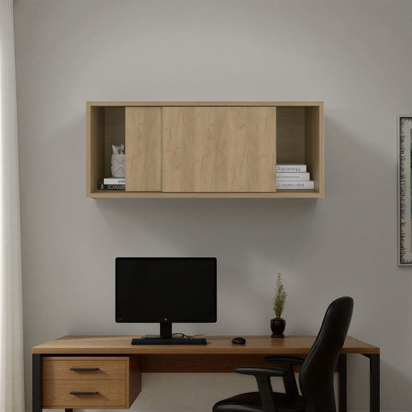 English Elm Note Floating Wall Cabinet with Sliding Doors Slim Mounted Storage for Any Room Natural Wood B070P462899