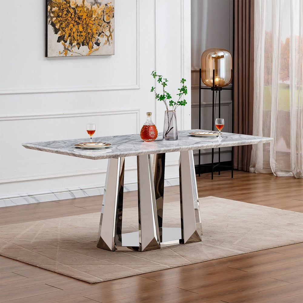 English Elm Marble Dining Table For 6-8 People, 70'' Rectangle Faux Marble Top With Stylish Chrome Base Finish W3456S00013