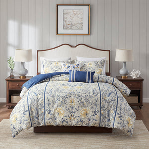 JLA Home Harbor House Blue - 5 Cotton Duvet Cover Set with Yellow & Blue Botanical Print, OEKO‑TEX, Breathable Slub Cotton Design 90 L x 90 W x 1.5H HH12-1803