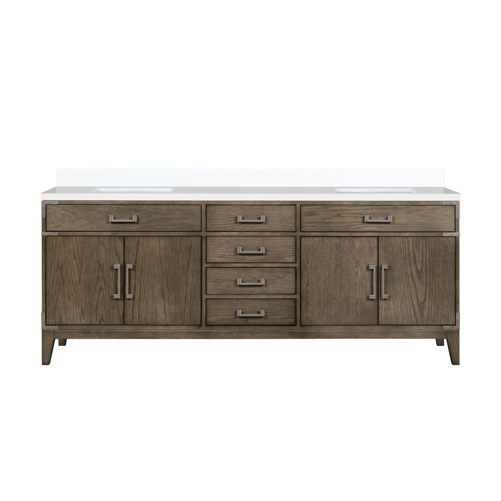 English Elm Grey Oak Double Bath Vanity 84" W X 22" D With White Quartz Top – Modern Style & Ample Storage! B2731P259972