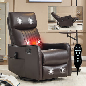 English Elm Blue Fabric Swivel Rocker Recliner with Massage Heat Nodes for Living Room Comfort Brown Pu W1803P321813