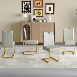 English Elm Modern Cantilever Gold Frame Pu Leather Dining Chairs Glam Set of Four Gray W3875P372988