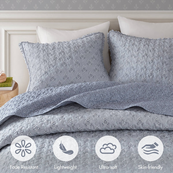 English Elm 3-piece Queen Ruffle Trim Quilt Set Vermicelli Stitched Romantic Coastal Bedding B035P408232