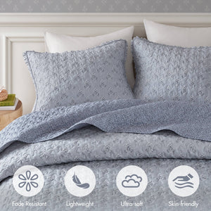 English Elm 3-piece King Quilt Set Ruffle Trim Vermicelli Stitching Soft Polyester Bohemian Bedding Blue B035P408233