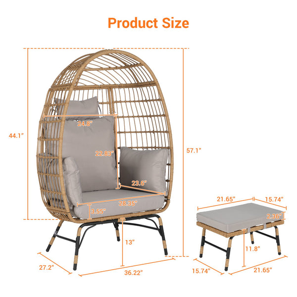 English Elm Wicker Oversized Egg Chair with Ottoman and 3.2" Thick Cushions, Handwoven PE Rattan, Weatherproof Comfort Light Gray W874P264669