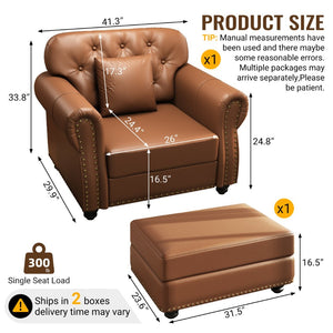English Elm 41.3"upholstered Faux Leather Accent Sofa Button Tufted Nailhead Chesterfield Style Seat Brown W1885S00423
